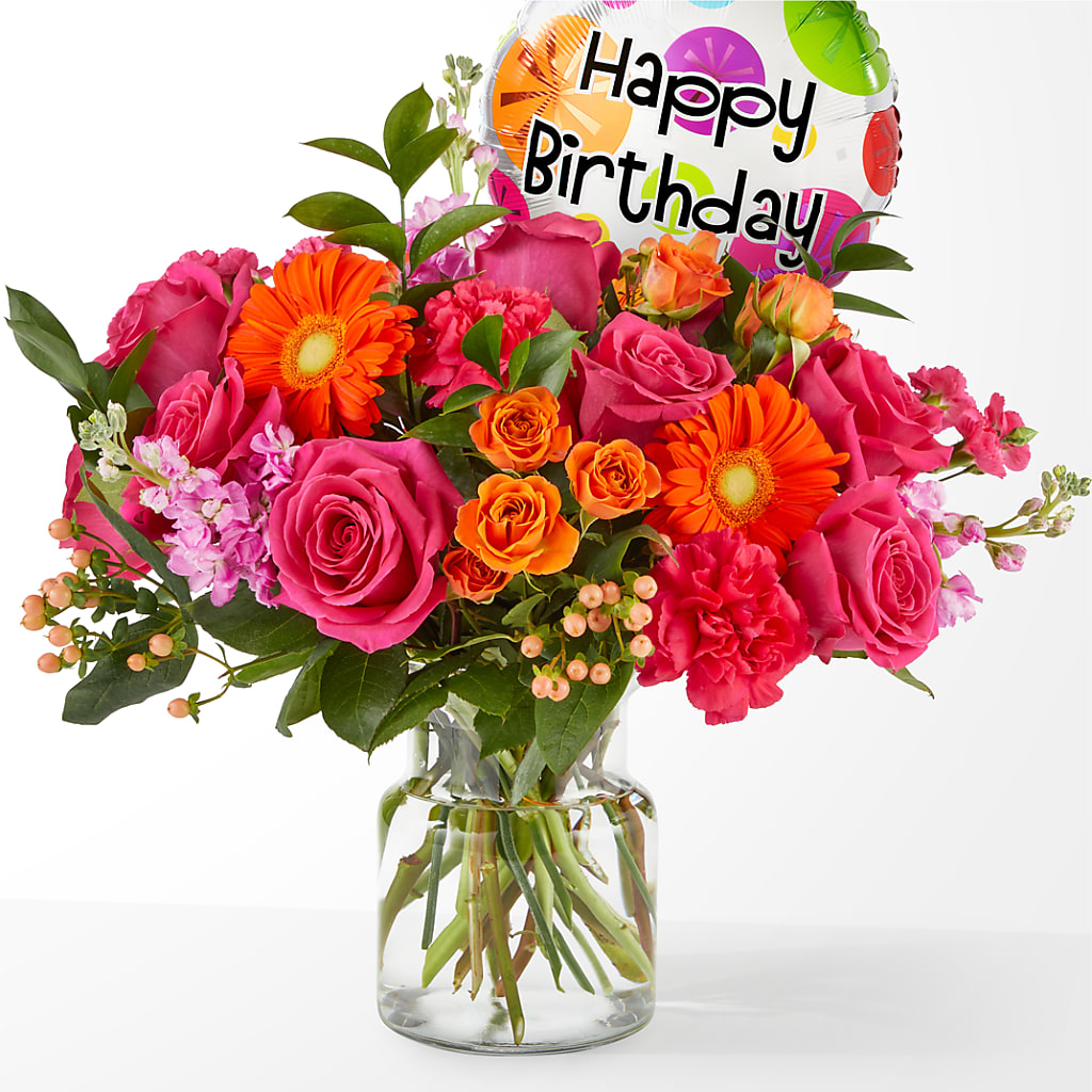 Fiesta Bouquet with Birthday Balloon – Gibney-sims Flowers, Hannibal MO