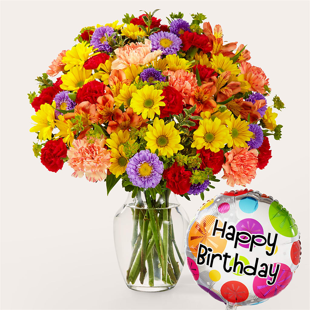 Kaleidoscope Bouquet with Birthday Balloon – Gibney-sims Flowers, Hannibal MO