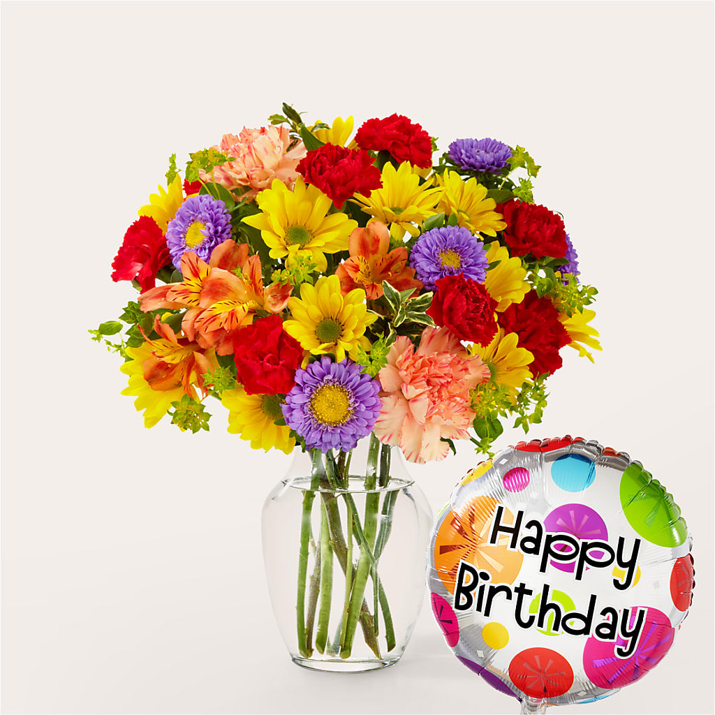 Kaleidoscope Bouquet with Birthday Balloon – Gibney-sims Flowers, Hannibal MO