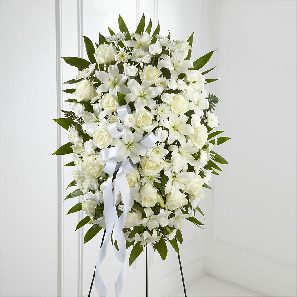 Exquisite Tribute Standing Spray-White Ribbon – Gibney-sims Flowers, Hannibal MO