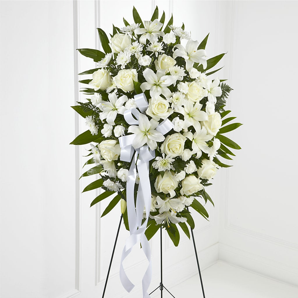 Exquisite Tribute Standing Spray-White Ribbon – Gibney-sims Flowers, Hannibal MO