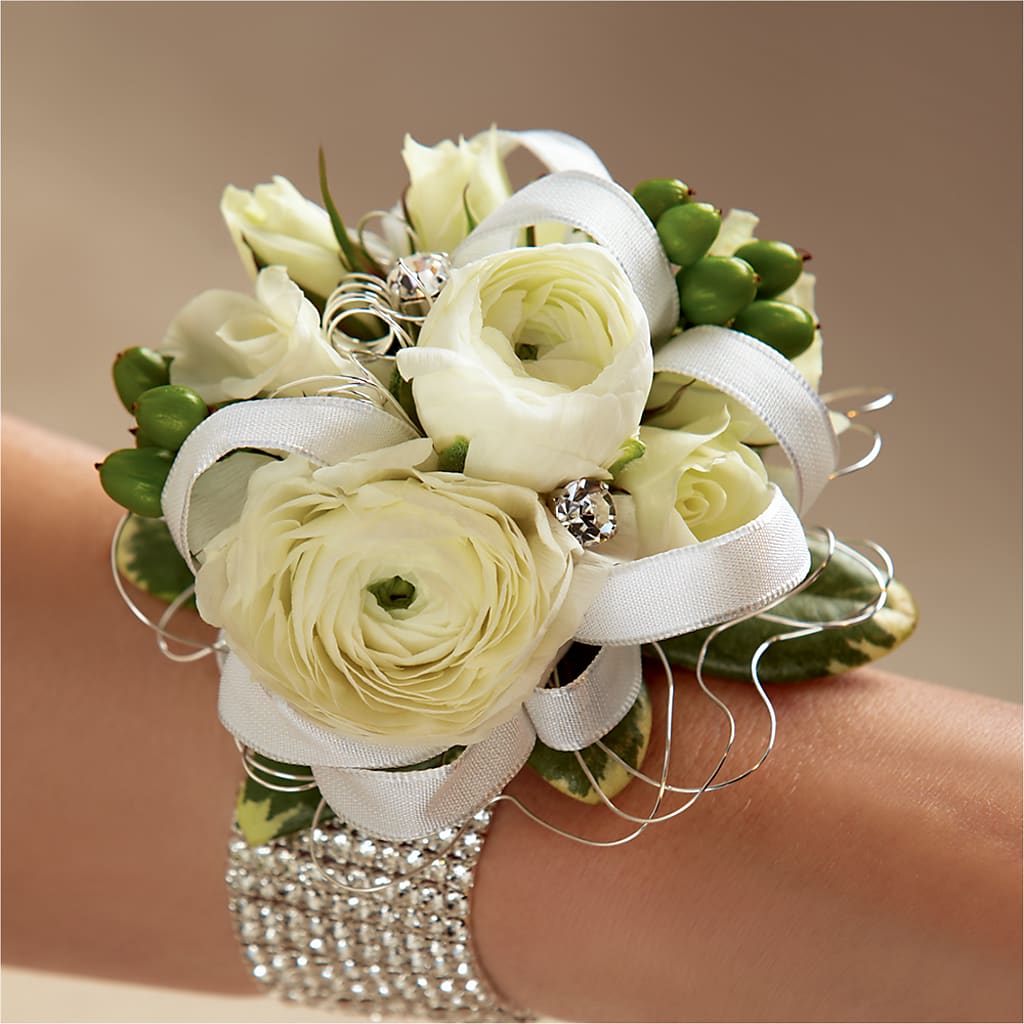 White Wedding Corsage – Gibney-sims Flowers, Hannibal MO